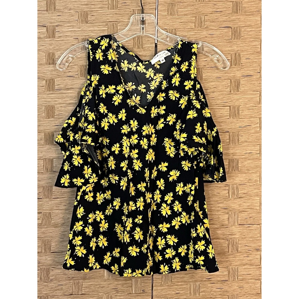 Derek Lam Collective Navy Yellow Floral Cold‎ Shoulder Blouse Women's 36 US Sz 4